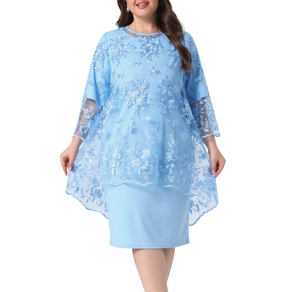 Women Plus Size Lace 2 Piece Cocktail Dresses Blue